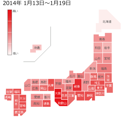 2014年1月13日から1月19日までのインフルエンザの各都道府県別検索分布の図