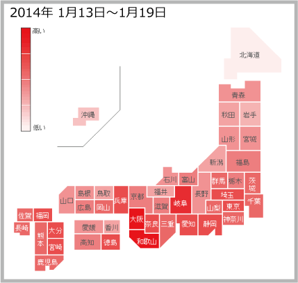 2014年1月13日から1月19日までののインフルエンザの各都道府県別検索分布のサムネイル画像