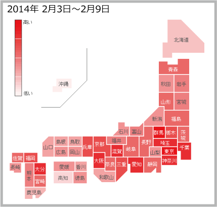 2014年2月3日から2月9日までののインフルエンザの各都道府県別検索分布のサムネイル画像