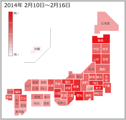 2014年2月10日から2月16日までののインフルエンザの各都道府県別検索分布のサムネイル画像