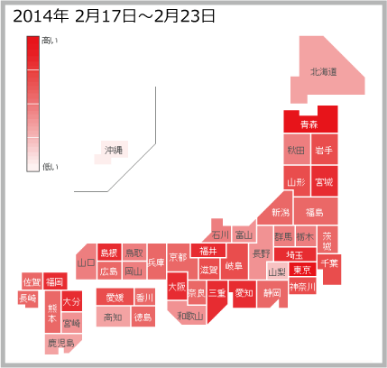 2014年2月17日から2月23日までののインフルエンザの各都道府県別検索分布のサムネイル画像