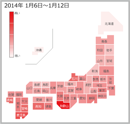 2014年1月6日から1月12日までのインフルエンザの各都道府県別検索分布のサムネイル画像