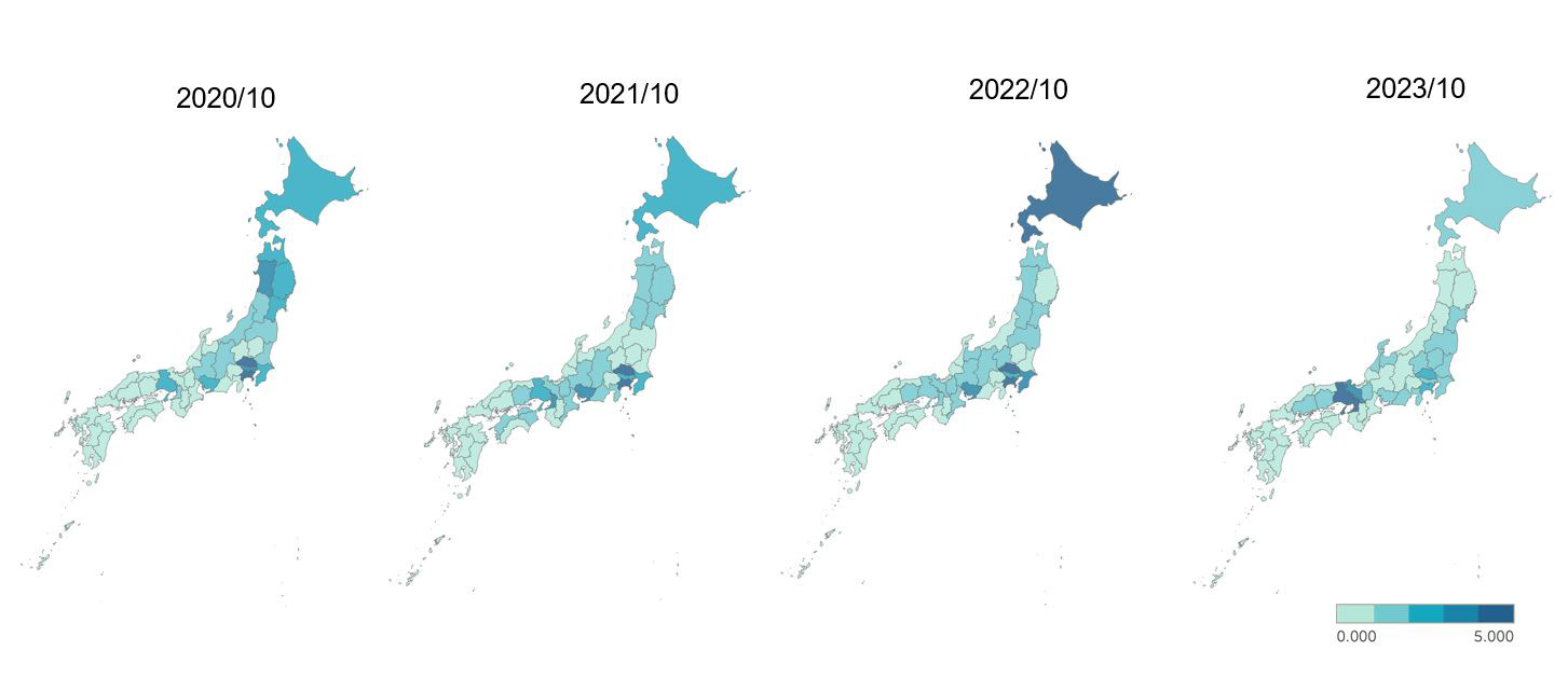 2020年から2023年の10月に「カメムシ」検索量が各都道府県でどれくらい特徴的に検索されたかを色の濃淡で表した日本地図を4つ並べたもの