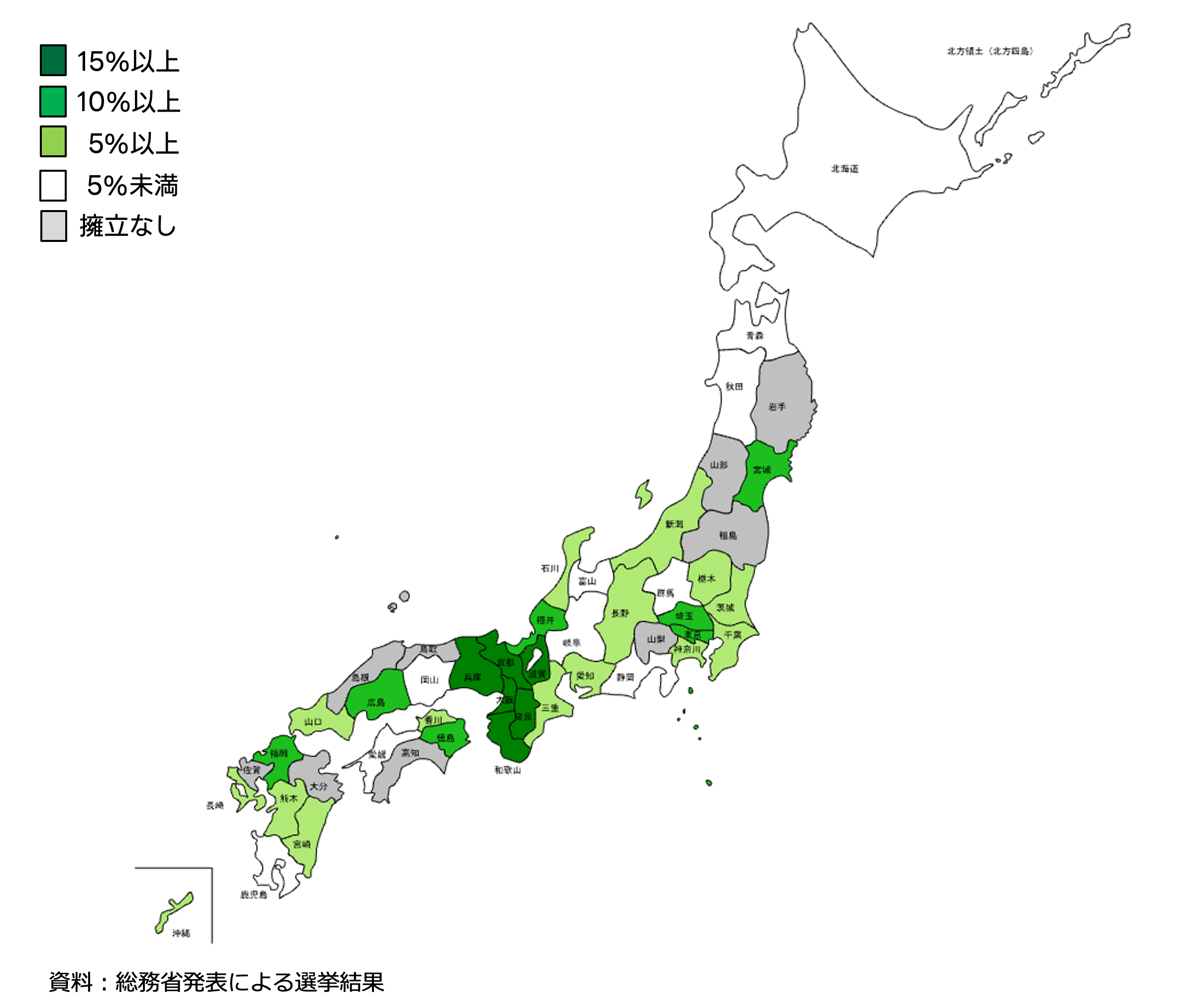 都道府県別の小選挙区における日本維新の会の得票率を濃淡で表した日本地図