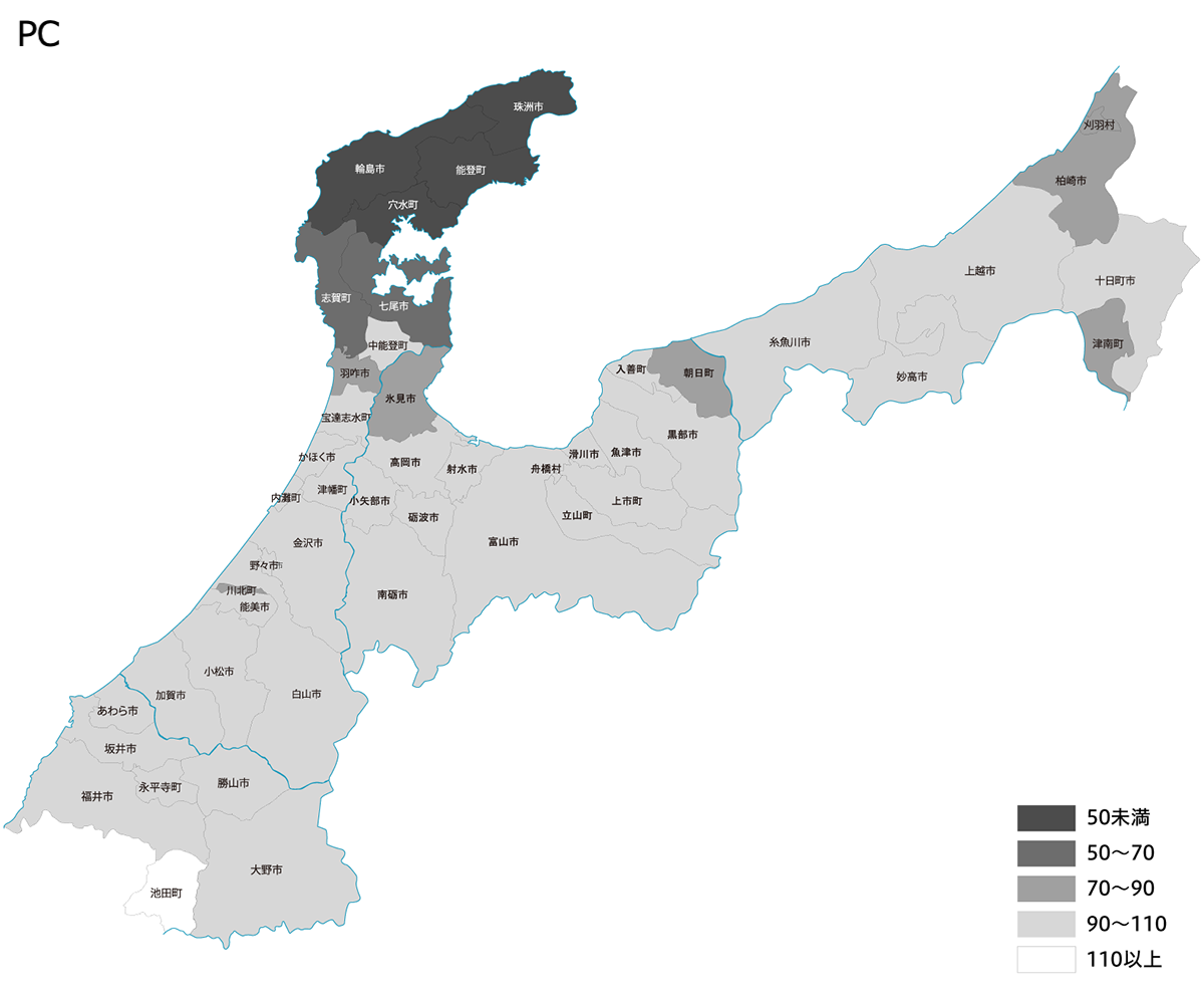 Alt=能登半島周辺の市町村別マップに、1/1~1/7のPCのPVの変化を濃淡で示した地図
