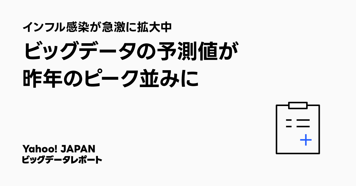 インフルエンザ感染の急拡大状況を示す画像。ビッグデータを用いた予測値が昨年のピークに近いことを強調するタイトルが記載されています。Yahoo! JAPANビッグデータレポートチームによる報告。