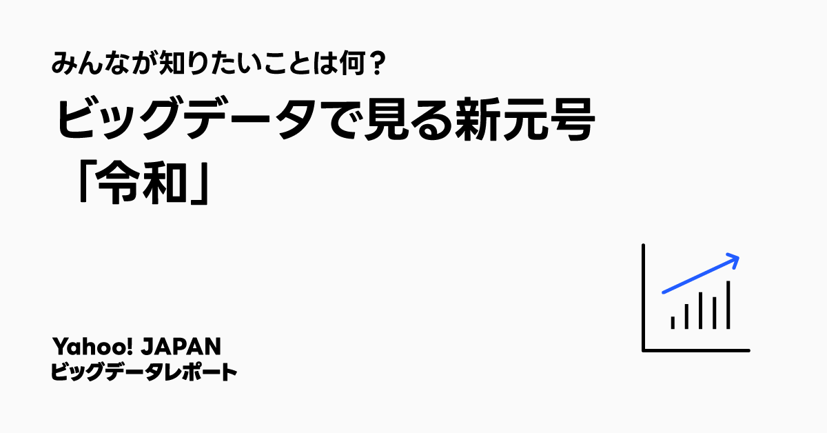 ビッグデータで見る新元号「令和」の興味深いポイントを紹介する画像です。「Yahoo! JAPANビッグデータレポート」と書かれています。右下には上昇するグラフのアイコンが描かれています。