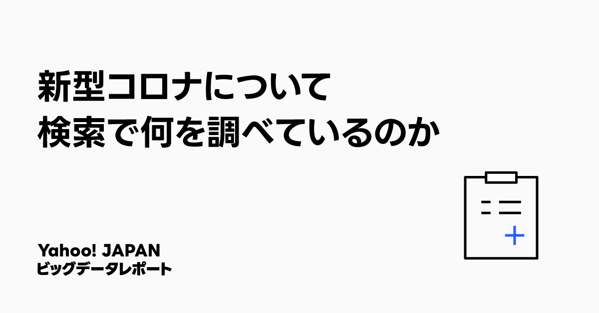 新型コロナについて検索で何が調べられているのかを示す画像。左側に大きく「新型コロナについて検索で何を調べているのか」と書かれ、右下にシンプルなクリップボードのアイコンが添えられています。Yahoo! JAPANビッグデータレポートのタイトルです。