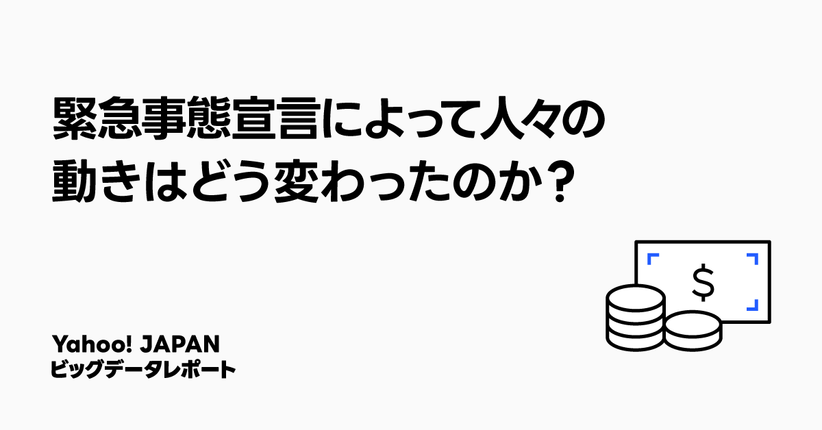 「緊急事態宣言によって人々の動きはどう変わったのか？」と書かれたテキストに、コインと紙幣のイラストが付けられたイメージ。Yahoo! JAPANビッグデータレポートに関する情報を伝えるタイトル画像です。