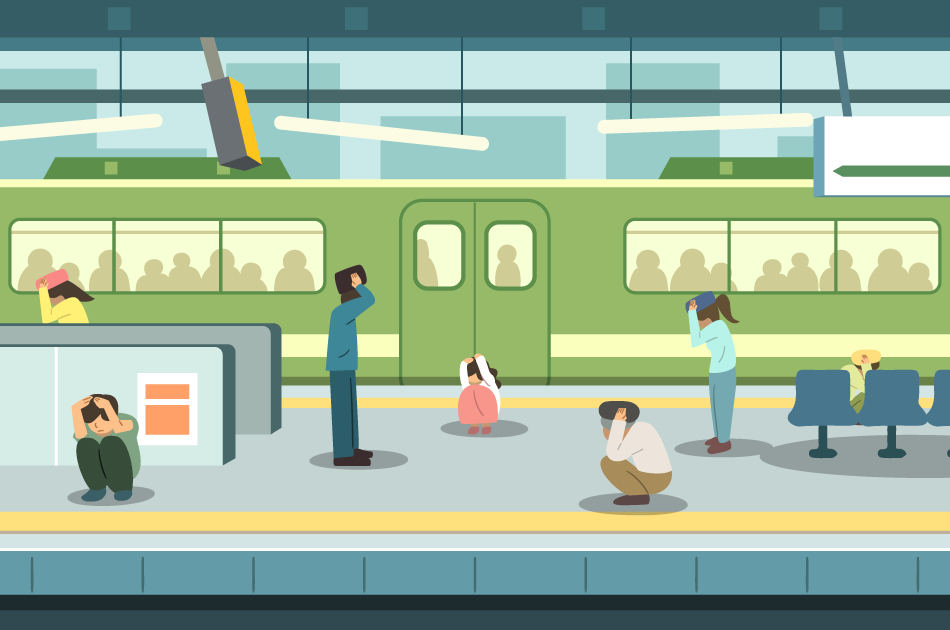 駅のホームで、地震に備えて頭を守る人々のイラストです。電車が停車中で、乗客も見えます。安全対策の場面を描いています。