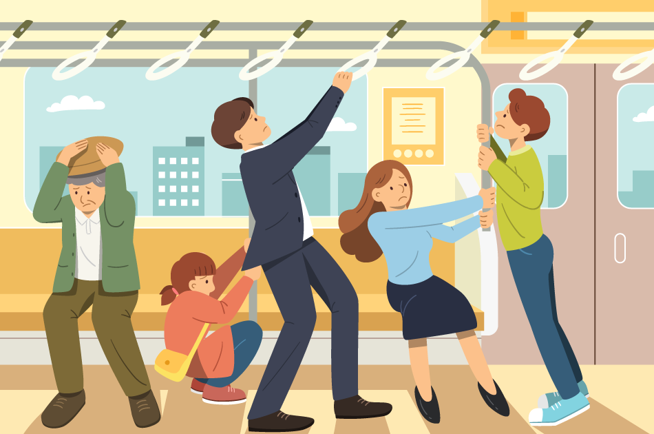 電車の中で、揺れに備えて手すりやつり革にしっかりつかまる人々のイラストです。安全対策を意識した場面です。