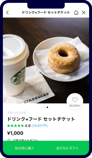 スターバックスのドリンクとドーナツのセットチケットのLINEギフト画面。