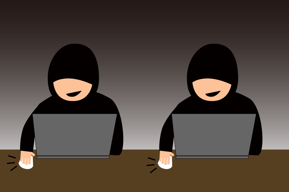 フードを被った二人がパソコンを操作しているイラスト。暗い背景で、何かをクリックしている様子。