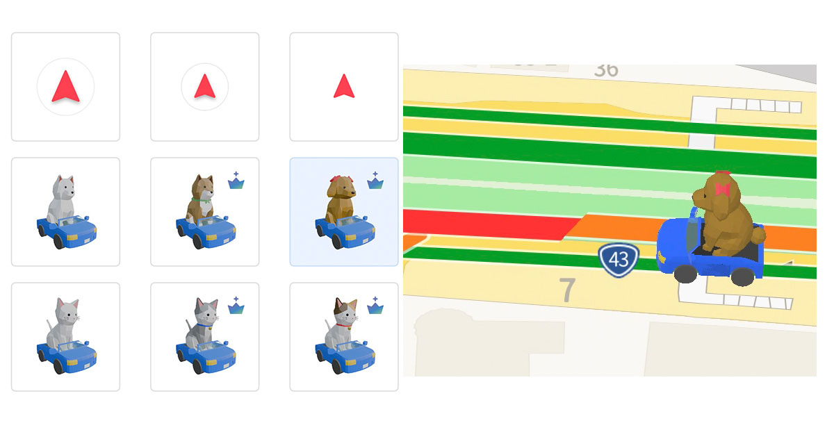 地図アプリの画面に、動物のキャラクターが車に乗って表示されている。