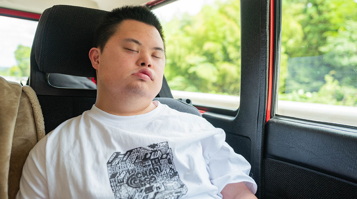 車内で少年が眠っている。窓の外には緑豊かな風景が広がり、リラックスした雰囲気。