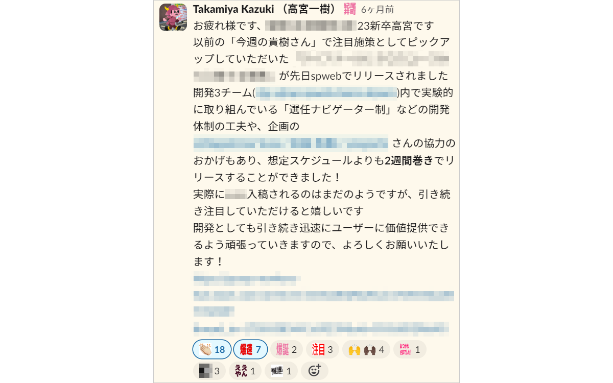 メッセージのスクリーンショット。プロジェクトの進捗と感謝の意を伝える内容が記載されている。