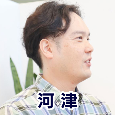 横向きの男性がチェック柄のシャツを着ている。背景には植物が見え、下部に「河津」と書かれている。