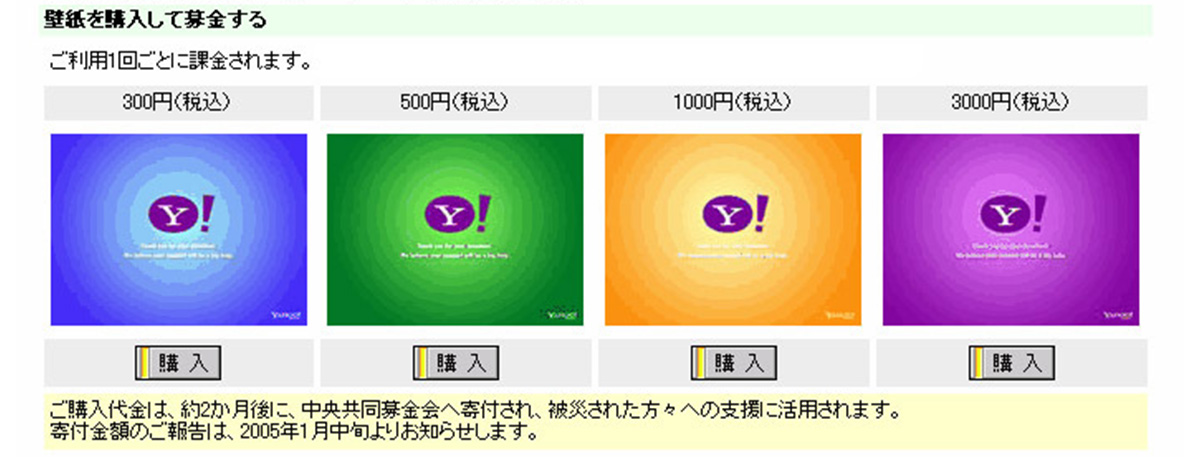 壁紙を購入して募金するためのオプションが示されており、価格ごとの選択肢が表示されています。