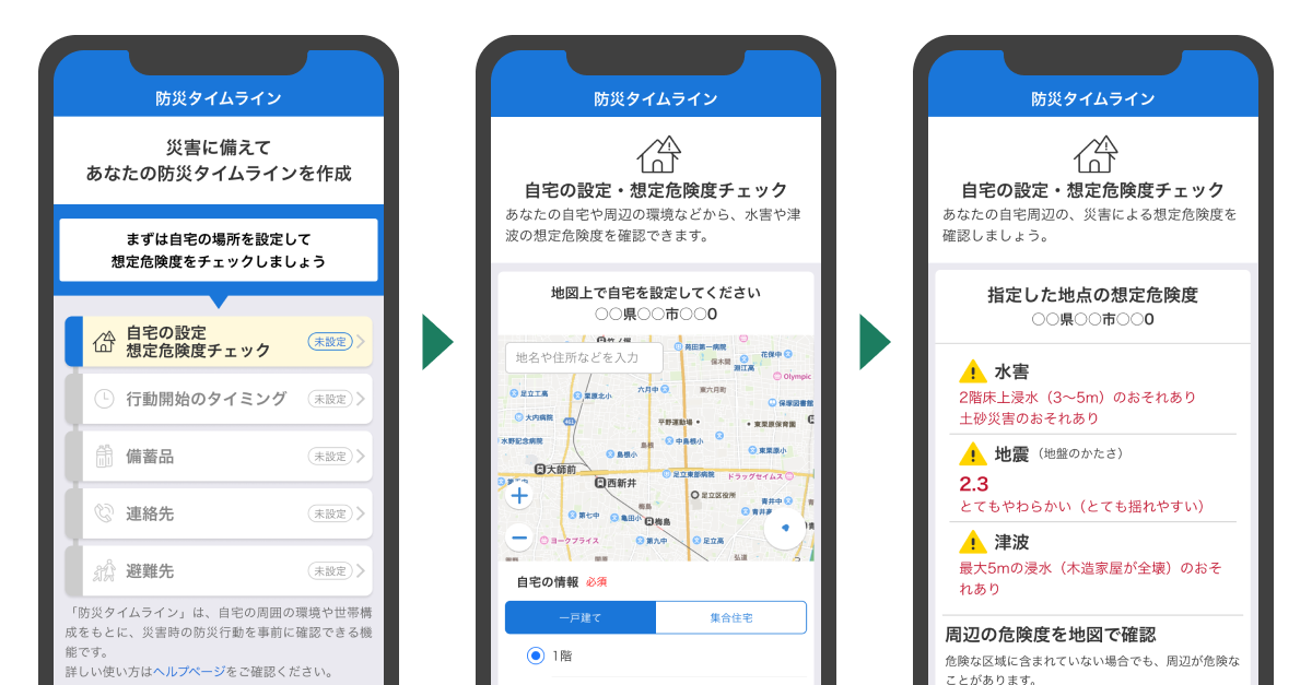 防災タイムラインの設定画面がスマホに表示されています。自宅の設定や想定危険度のチェックが可能です。