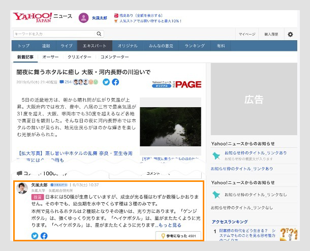ニュース記事のウェブページのスクリーンショット。川沿いの写真とコメントが表示されている。