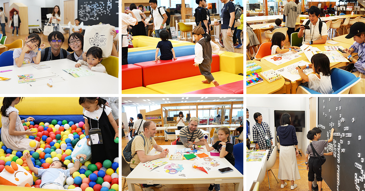 子供たちがカラフルなボールプールやテーブルで遊んでいます。家族が一緒に楽しむ様子が見られます。