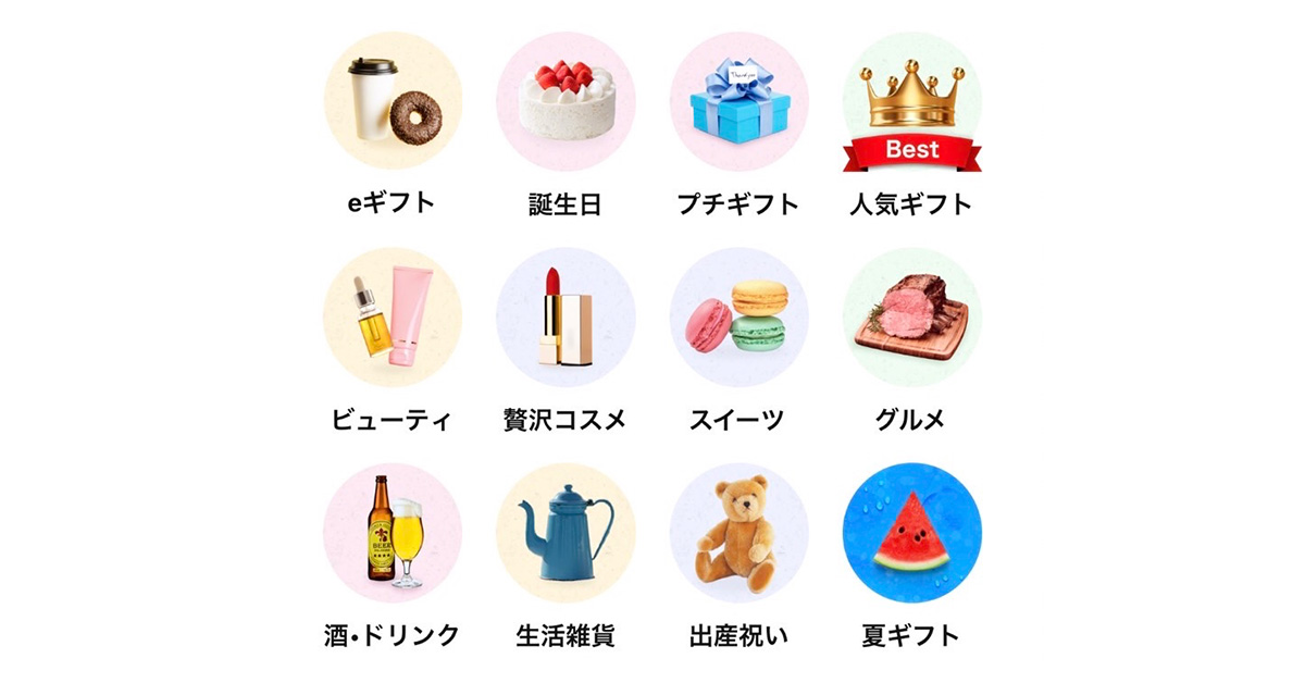 様々なギフトカテゴリが表示された画像。eギフトや誕生日、スイーツなど、贈り物のアイデアが豊富に並んでいる。