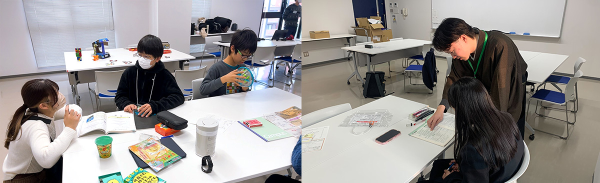 教室で、学生たちが机を囲み、勉強や会話をしています。