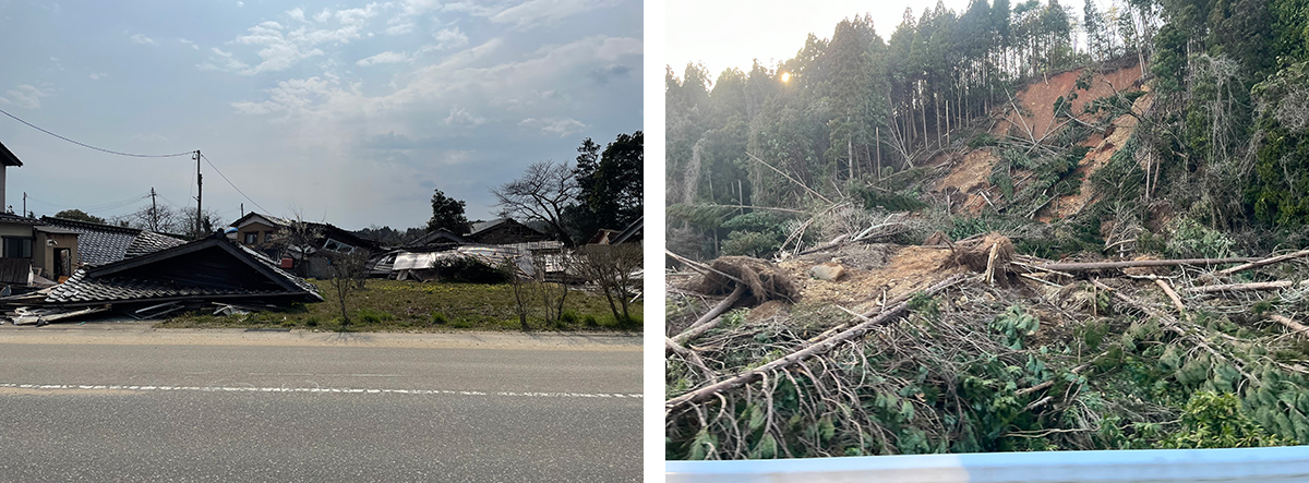 地震被害の様子を示す写真。倒壊した建物と崩れた山林が映っている。