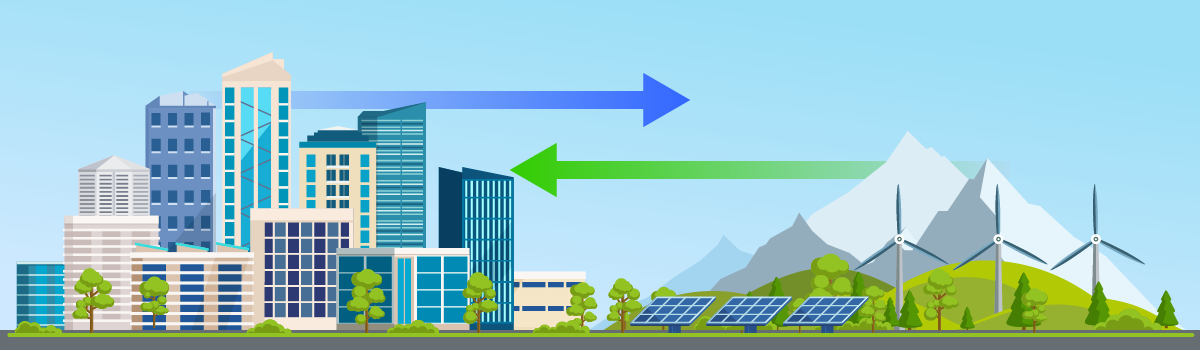 都市と自然エネルギーが描かれたイラストです。ビルと風力発電が対比されています。