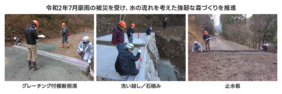 作業員が豪雨災害後の対策を行っています。グレーチング付き側溝や石積みが見られます。