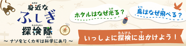 身近（みぢか）なふしぎ探検隊（たんけんたい）　ナゾをとくカギは科学（かがく）にあり　ホタルはなぜ光（ひか）る？　鳥（とり）はなぜ飛（と）べる　いっしょに探検（たんけん）に出（で）かけよう