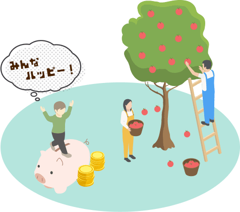 投資（とうし）をりんご農家（のうか）に例（たと）えて説明（せつめい）しているイラスト