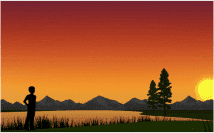 夕焼け（ゆうやけ）の空（そら）の下（した）で、男の子（おとこのこ）が遠（とお）くの山（やま）を見（み）ている写真（しゃしん）