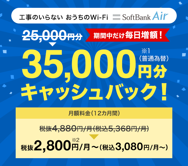工事のいらない おうちのWi-Fi SoftBank Air 期間中だけ毎日増額！　25,000円分が35,000円分 ※1 に増額キャッシュバック！　（普通為替） 月額料金（12カ月間）も月額税抜4,800円（月額税込5,368円）のところ、月額税抜2,800円 ※2（月額税込3,080円）からご利用いただけます。