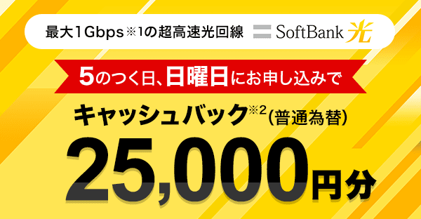 最大1Gbps※1 の超高速光回線 SoftBank 光 5のつく日、日曜日にお申し込みでキャッシュバック※2（普通為替）25,000円分