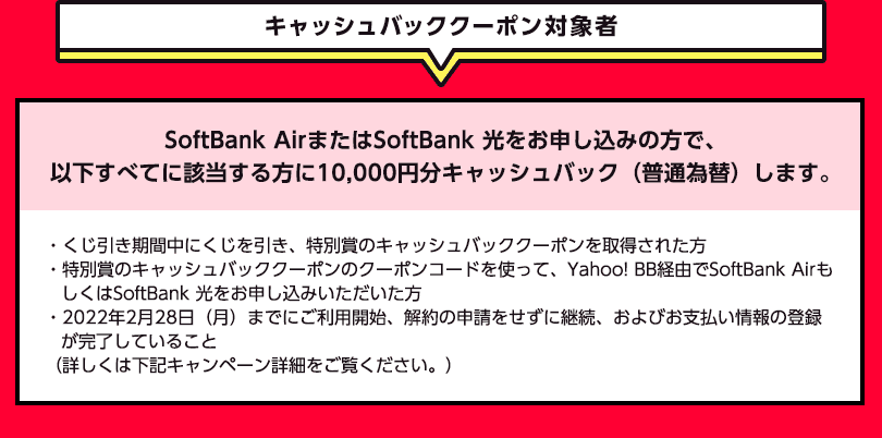 キャッシュバッククーポン対象者　SoftBank AirまたはSoftBank 光をお申し込みの方で、以下すべてに該当する方に10,000円分キャッシュバック（普通為替）します。　・くじ引き期間中にくじを引き、特別賞のキャッシュバッククーポンを取得された方　・特別賞のキャッシュバッククーポンのクーポンコードを使って、Yahoo! BB経由でSoftBank AirもしくはSoftBank 光をお申し込みいただいた方　・2022年2月28日（月）までにご利用開始、解約の申請をせずに継続、およびお支払い情報の登録が完了していること。（詳しくは下記キャンペーン詳細をご覧ください。）