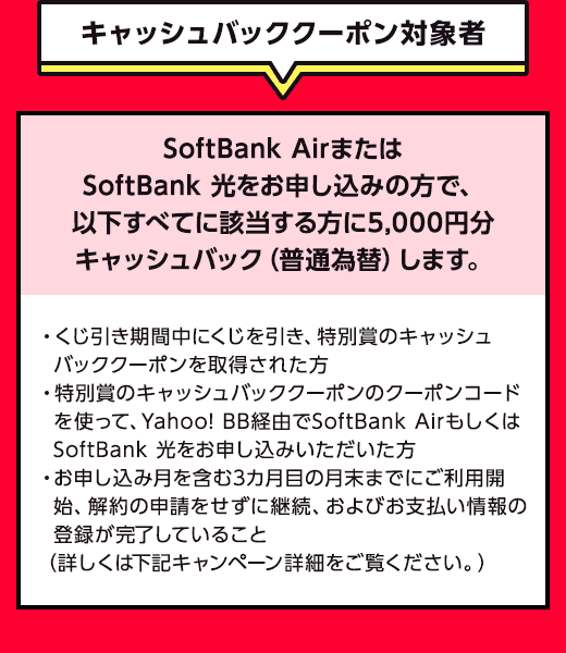 キャッシュバッククーポン対象者　SoftBank AirまたはSoftBank 光をお申し込みの方で、以下すべてに該当する方に5,000円分キャッシュバック（普通為替）します。　・くじ引き期間中にくじを引き、特別賞のキャッシュバッククーポンを取得された方　・特別賞のキャッシュバッククーポンのクーポンコードを使って、Yahoo! BB経由でSoftBank AirもしくはSoftBank 光をお申し込みいただいた方　・お申し込み月を含む3カ月目の月末までにご利用開始、解約の申請をせずに継続、およびお支払い情報の登録が完了していること（詳しくは下記キャンペーン詳細をご覧ください。）