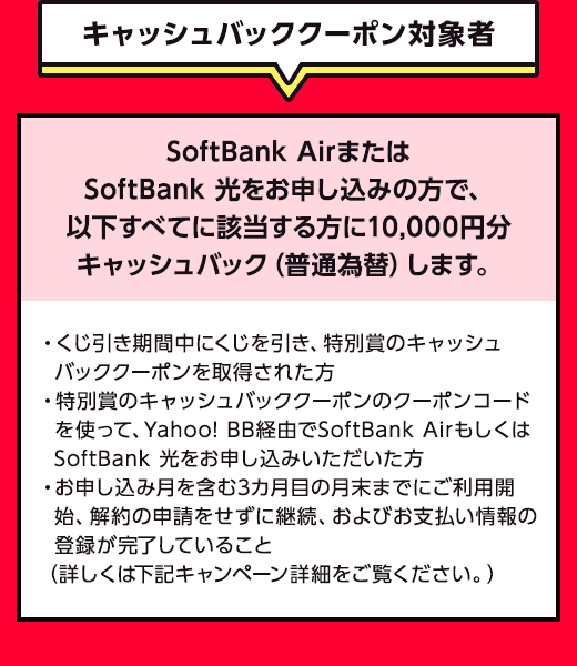 キャッシュバッククーポン対象者　SoftBank AirまたはSoftBank 光をお申し込みの方で、以下すべてに該当する方に10,000円分キャッシュバック（普通為替）します。　・くじ引き期間中にくじを引き、特別賞のキャッシュバッククーポンを取得された方・特別賞のキャッシュバッククーポンのクーポンコードを使って、Yahoo! BB経由でSoftBank AirもしくはSoftBank 光をお申し込みいただいた方・お申し込み月を含む3カ月目の月末までにご利用開始、解約の申請をせずに継続、およびお支払い情報の登録が完了していること（詳しくは下記キャンペーン詳細をご覧ください。）
