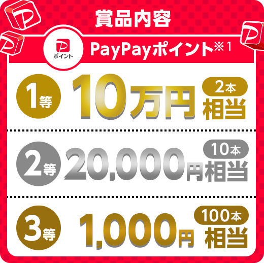 賞品内容 PayPayポイント（※1） 1等 10万円相当（2本）2等 20,000円相当（10本）3等 1,000円相当（100本）