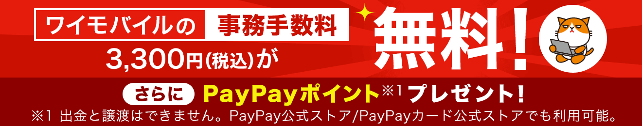 ワイモバイルの事務手数料3,300円（税込）が無料！　さらにPayPayポイント ※1 プレゼント！　※1 出金と譲渡はできません。PayPay公式ストアでも利用可能。