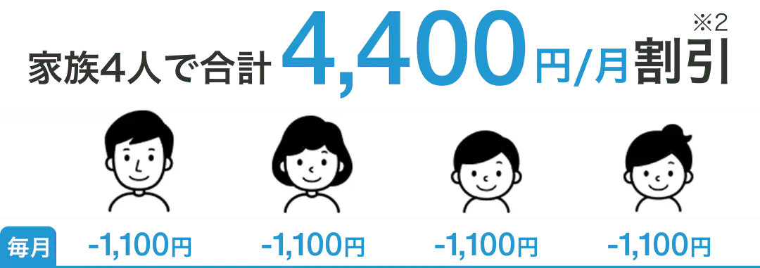 家族4人で合計毎月4,400円割引（※2）