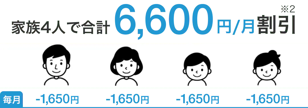 家族4人で合計毎月6,600円割引（※2）