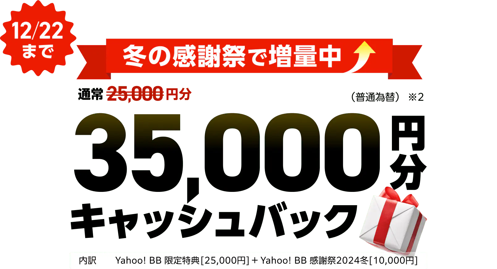 冬の感謝祭で増額中！　通常2,5000円分が12月22日まで35,000円分キャッシュバック（※2）（普通為替）内訳はYahoo! BB 限定特典25,000円とYahoo! BB 感謝祭2024冬10,000円