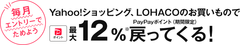 毎月エントリーでためよう Yahoo!ショッピング、LOHACO by ASKULのお買いものでPayPayポイント12％※ 戻ってくる！