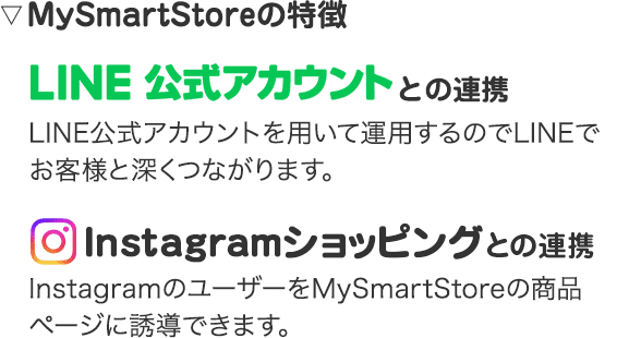 MySmartStoreの特徴　LINE公式アカウントとの連携　LINE公式アカウントを用いて運用するのでLINEでお客様と深くつながります。Instagramショッピングとの連携　InstagramのユーザーをMySmartStoreの商品ページに誘導できます。