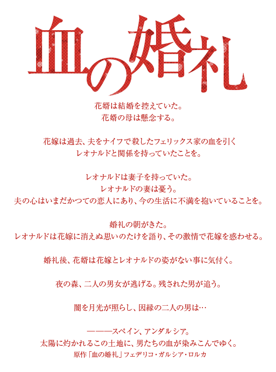 血の婚礼　花婿は結婚を控えていた。　花婿の母は懸念する。　花嫁は過去、夫をナイフで殺したフェリックス家の血を引くレオナルドと関係を持っていたことを。　レオナルドは妻子を持っていた。　レオナルドの妻は憂う。　夫の心はいまだかつての恋人にあり、今の生活に不満を抱いていることを。　婚礼の朝がきた。　レオナルドは花嫁に消えぬ思いのたけを語り、その激情で花嫁を惑わせる。　婚礼後、花婿は花嫁とレオナルドの姿がない事に気付く。　夜の森、二人の男女が逃げる。残された男が追う。　闇を月光が照らし、因縁の二人の男は…　───スペイン、アンダルシア。　太陽に灼かれるこの土地に、男たちの血が染みこんでゆく。原作「血の婚礼」フェデリコ・ガルシア・ロルカ