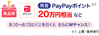 特賞 PayPayポイント20万円相当など 8.10〜8.13にくじを引くとさらにWチャンス！