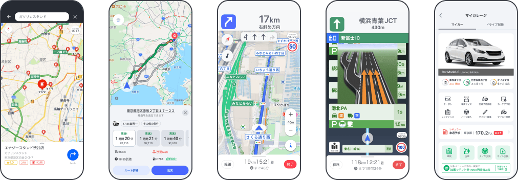 ナビ画面や駐車場・ガソリンスタンド検索、渋滞情報など様々な機能を搭載したYahoo!カーナビアプリのイメージ