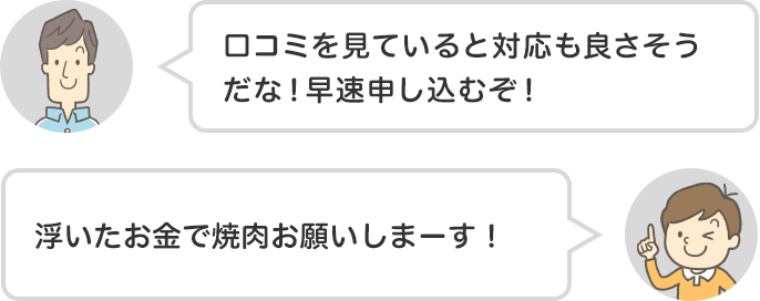 父「クチコミを見ていると対応も良さそうだな！早速申し込むぞ！」たかし「浮いたお金で焼き肉お願いしまーす。」