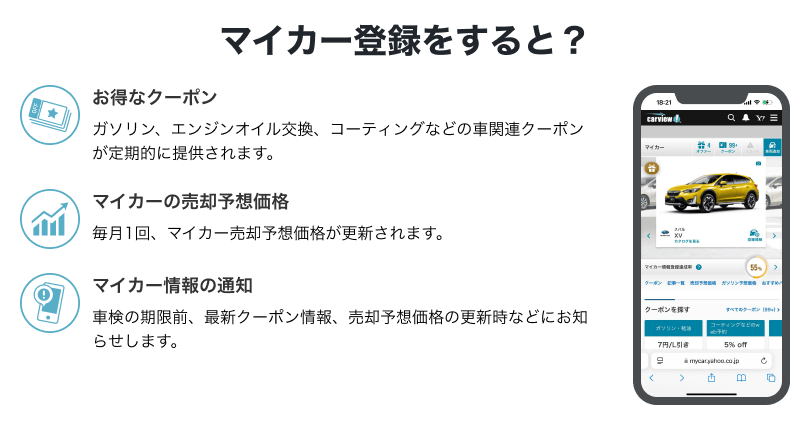 マイカー登録をすると？【お得なクーポン】ガソリン、エンジンオイル交換、コーティングなどの車関連クーポンが定期的に提供されます。【マイカーの売却予想価格】毎月1回、マイカー売却予想価格が更新されます。【マイカー情報の通知】車検の期限前、最新クーポン情報、売却予想価格の更新時などにお知らせします。